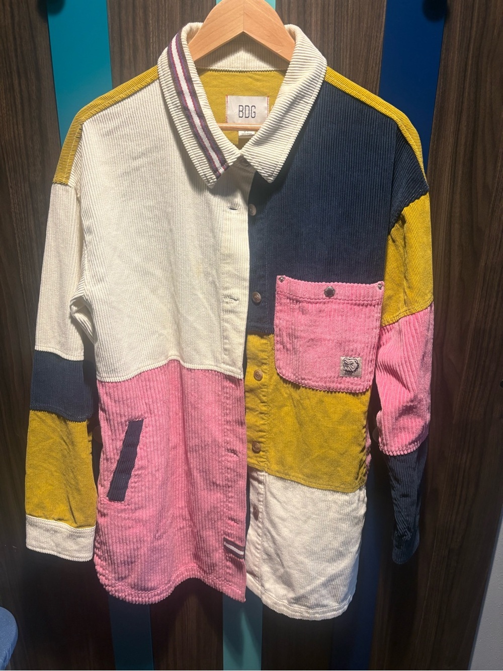 BDG Colorblock Corduroy Overshirt Jacket in Pink, Mustard, Navy & Cream SZ S - Picture 4 of 8